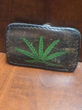 Vintage Leather Belt Buckle With Green Leaf Image Print